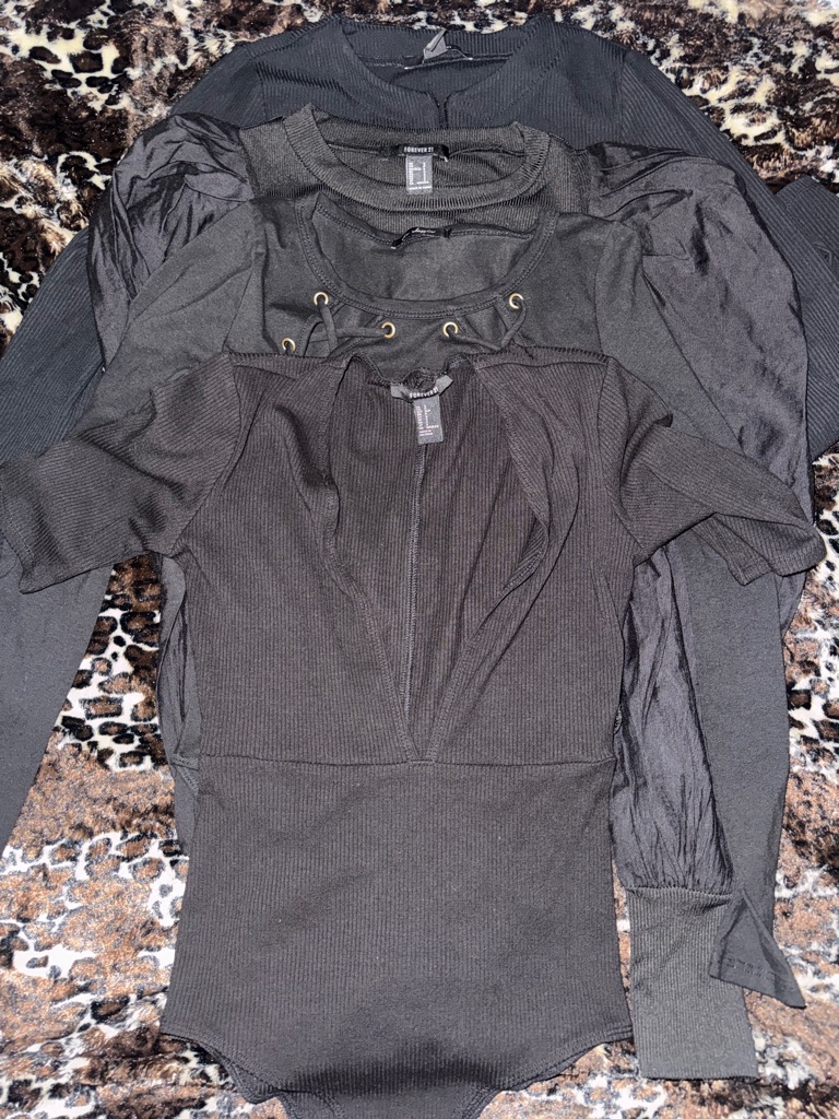 Bundle 4 Bodysuits Black Ribbed Bodysuit With Lace-Up Detail